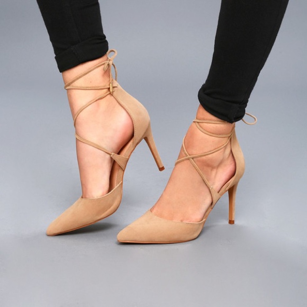 (Lulu’s) Marie Taupe Suede Lace-Up Heels Size 9